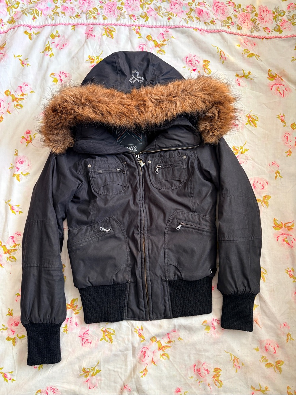 TNA Black Hooded Ski Jacket with Brown Faux-Fur Trim